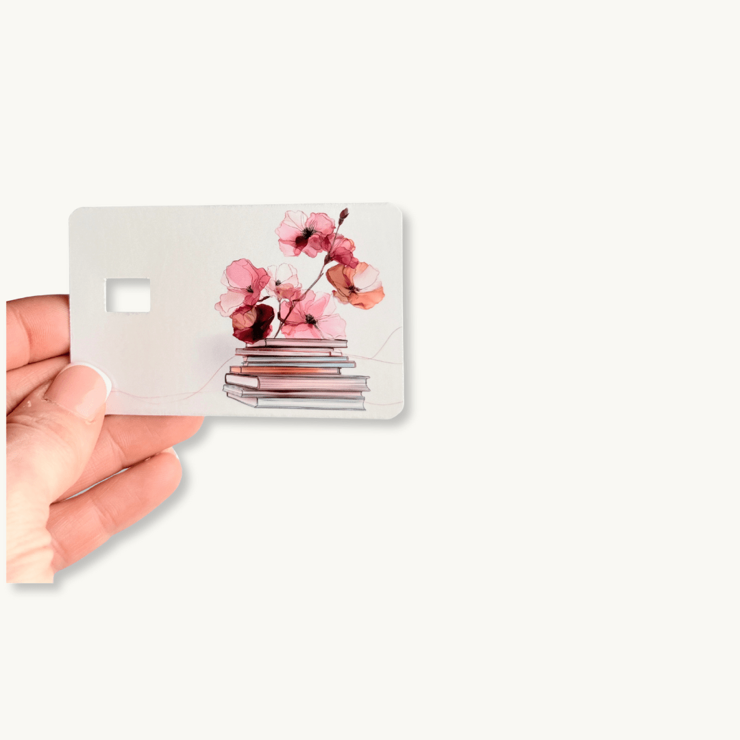 Floral Book Stack Debit Card Skin – Literary Cottagecore Card Cover – Sticker Era by The Sticker Era