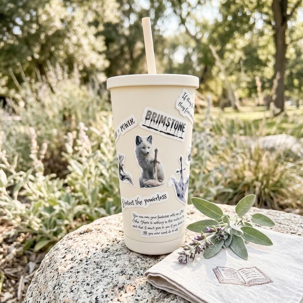 Tall white cold cup with a straw, decorated with the Brimstone fantasy stickers including the white wolf with a sword and quote stickers reading Brimstone and Protect the powerless. The cup sits on a rock outdoors with fresh sage beside it and a soft, blurred green natural background. __etsy:8134191276