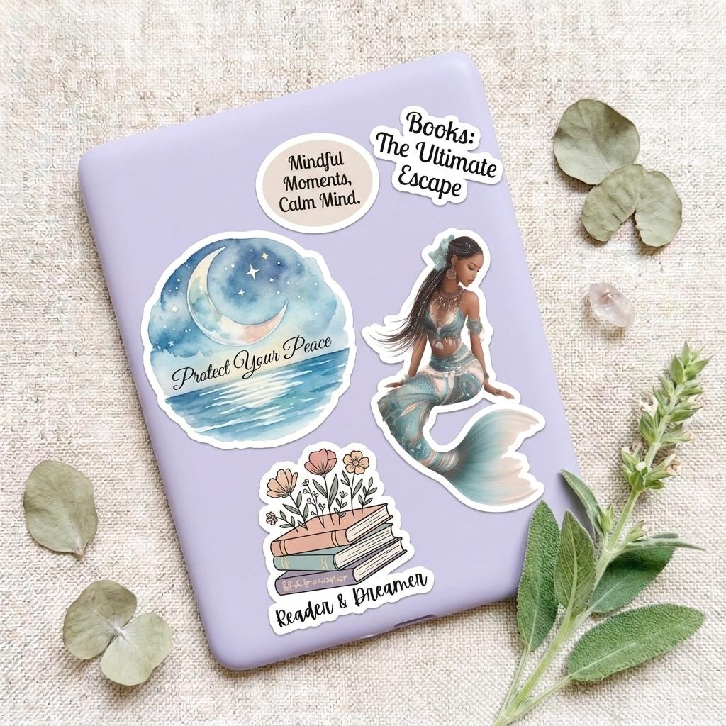 A lavender tablet case decorated with the Ethiopian mermaid sticker and bookish, mindfulness stickers reading 'Protect Your Peace', 'Books: The Ultimate Escape' and 'Reader & Dreamer', styled with eucalyptus, sage and a crystal on linen. __etsy:8182127979