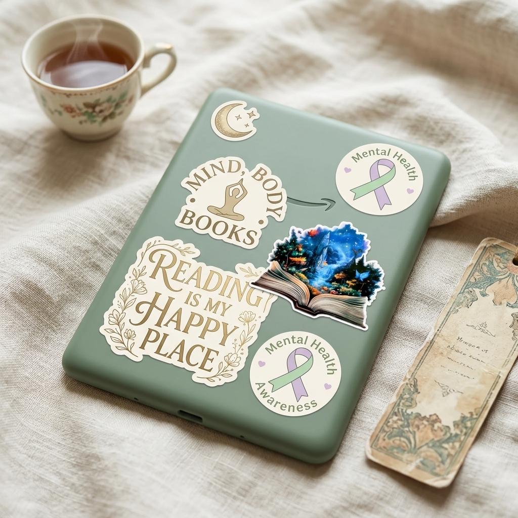Sage green Kindle e-reader lying flat on linen, decorated with the fantasy castle book sticker and other reading and mental health awareness stickers, with a cup of tea and a vintage bookmark beside it. __etsy:8133845002
