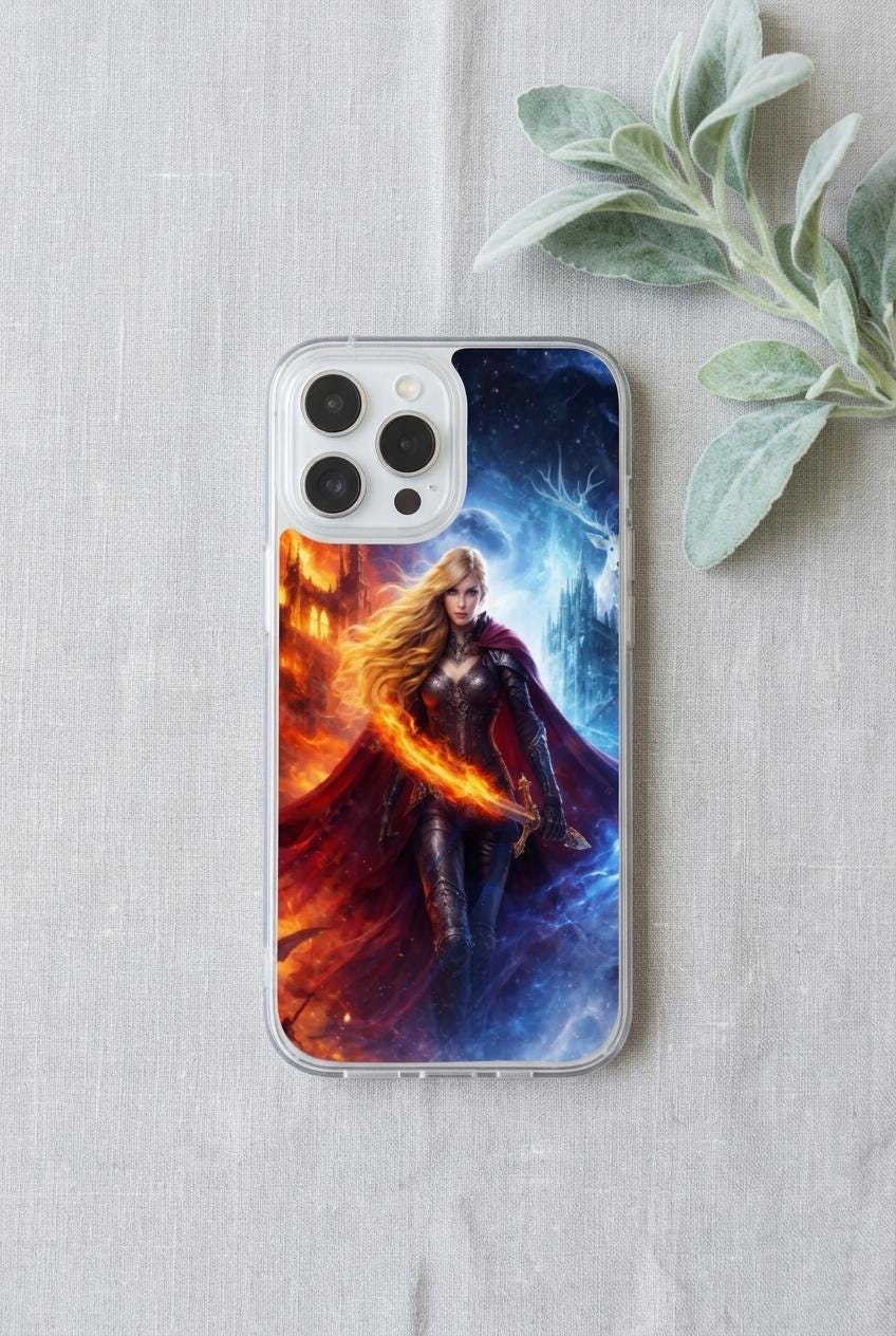 Clear phone case with the fire and ice fantasy warrior goddess art lying flat on soft gray linen fabric, with a sprig of pale green lamb's ear leaves beside it. __etsy:8117556738