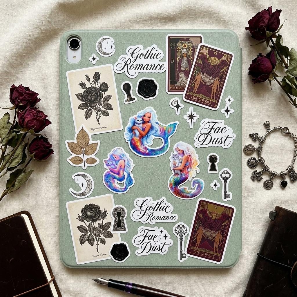 A tablet case fully covered with mermaid cat stickers among gothic romance stickers including roses, tarot cards, keys and Gothic Romance and Fae Dust text, with dried roses and a pen nearby __etsy:8185249575