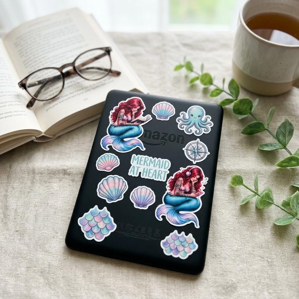 Tattooed Mermaid Reading Sticker, Romantasy Bookish Vinyl Decal __etsy:8156571887