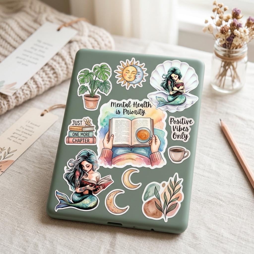A sage green e-reader decorated with bookish stickers on a linen surface with a bookmark, dried flowers, and a pencil. Stickers include two teal mermaids reading, a monstera plant, a sun and moon face, hands holding an open book with coffee, a crescent moon, and phrases "Mental Health is Priority," "Just One More Chapter," and "Positive Vibes Only." __etsy:8181740573