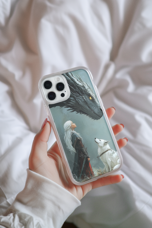 Woman holding iPhone with girl and dragon fantasy insert in clear case