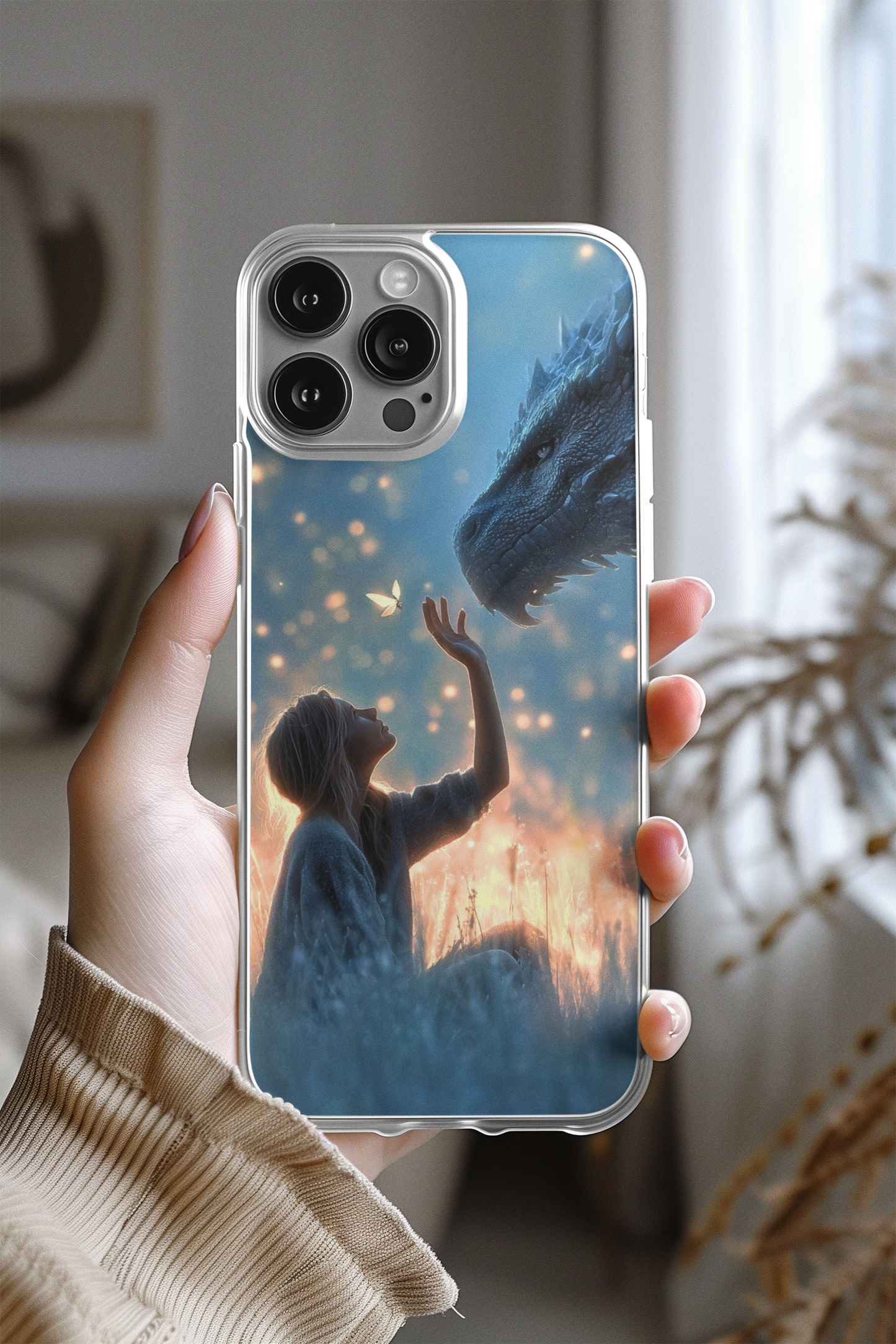 Girl and dragon phone insert in clear case - warm bookish fantasy phone aesthetic