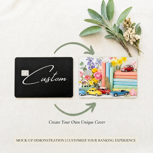Personalized custom card skin example with a colorful design, one-of-a-kind card cover by The Sticker Era