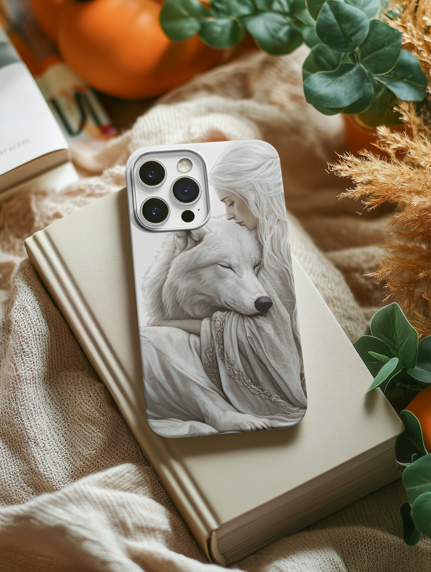 Wolf guardian phone insert displayed in clear iPhone case - fierce independence aesthetic