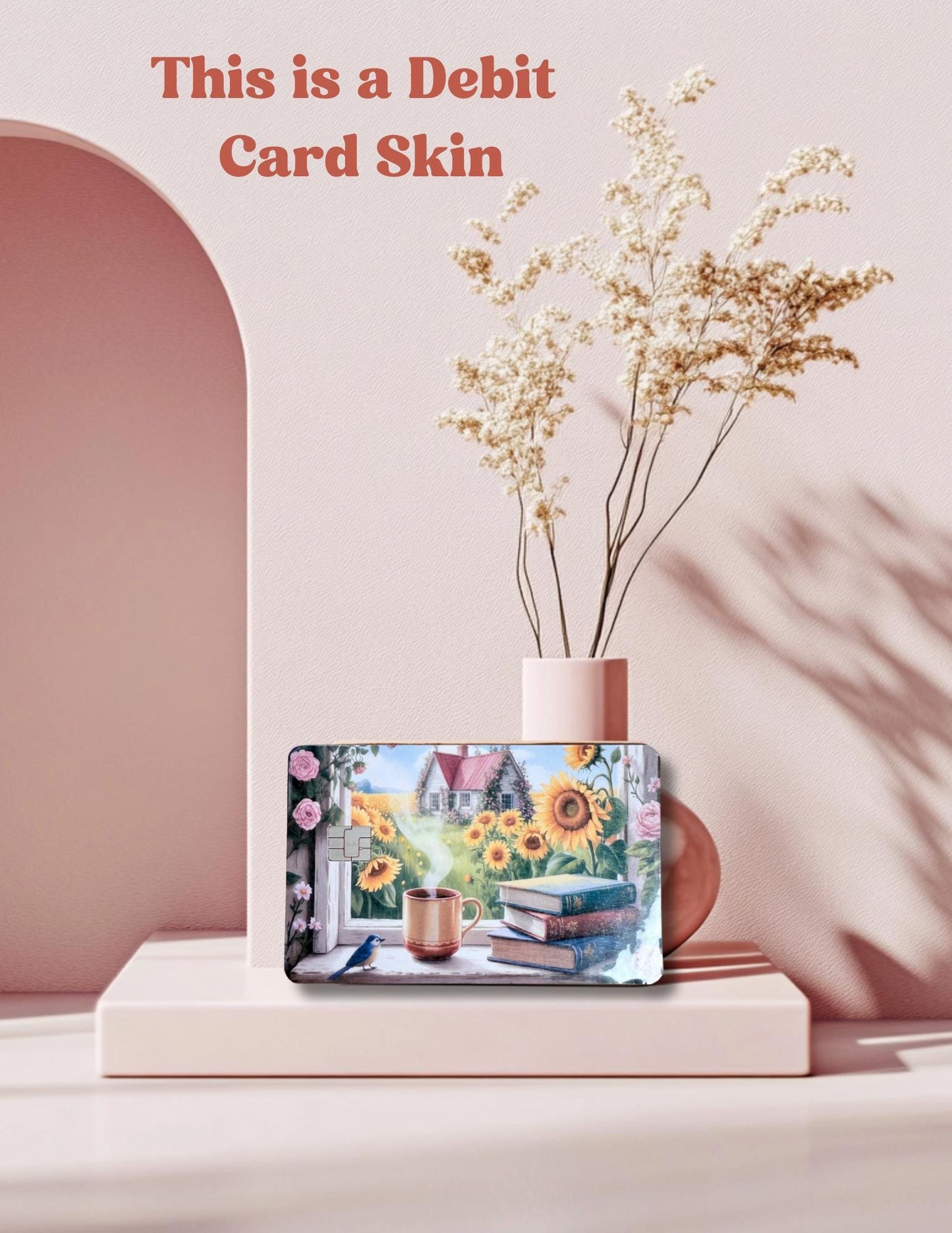 Sunflower Cottage Debit Card Skin: Bookish Coffee Window Vinyl Cover for Readers & Dreamers - The Sticker Era