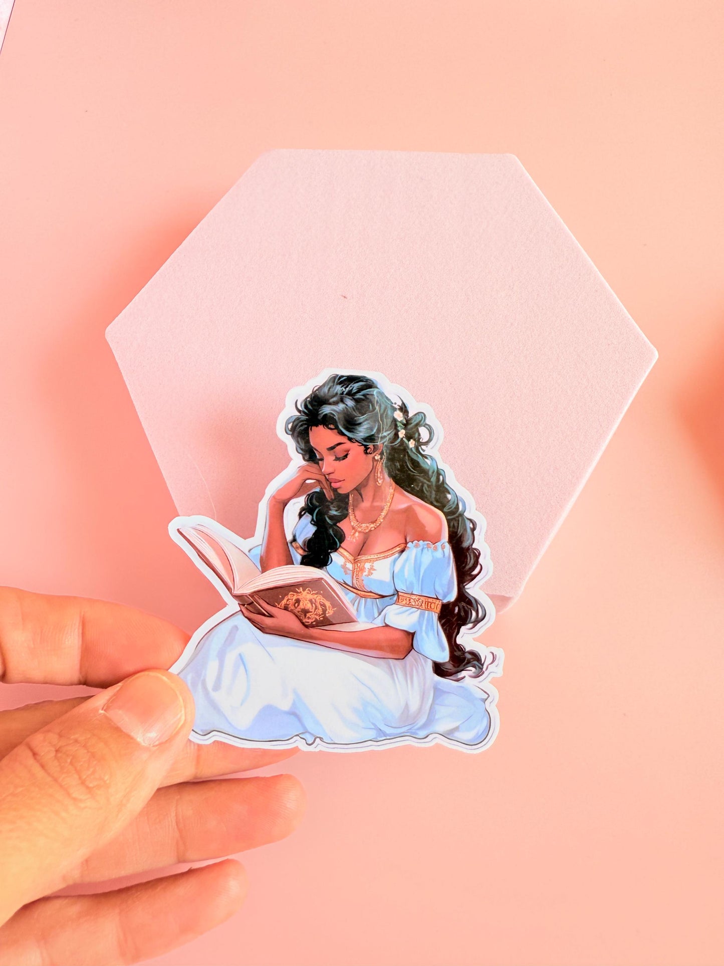 Elegant Woman Reading Sticker – Fantasy Bookish Vinyl for Journals, Kindles & Literary Aesthetic Decor - The Sticker Era