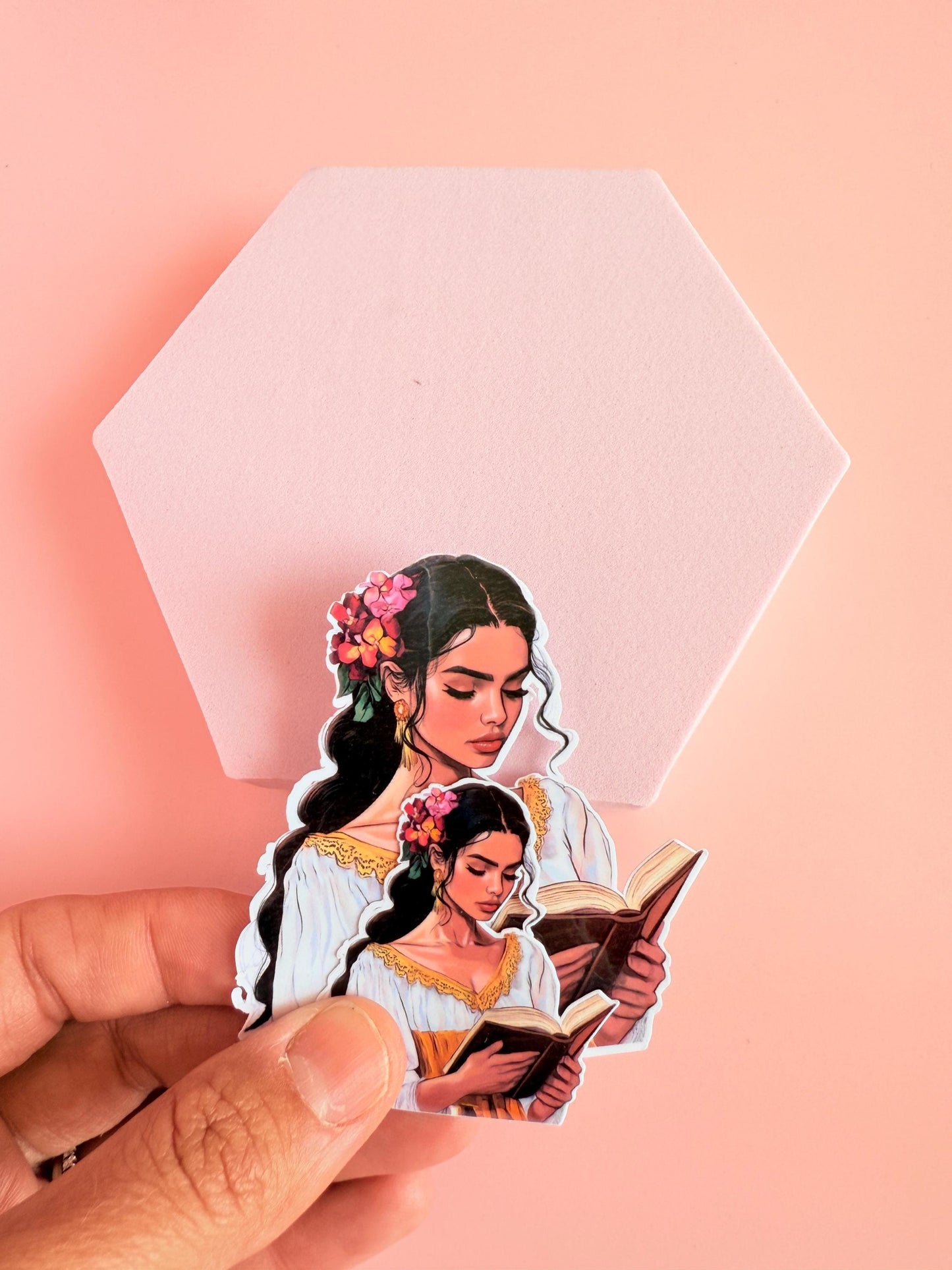 Floral Reading Woman Sticker – Bright Bookish Vinyl with White & Gold Dress for Kindles, Journals | Planners|kindle gift| book club gift - The Sticker Era