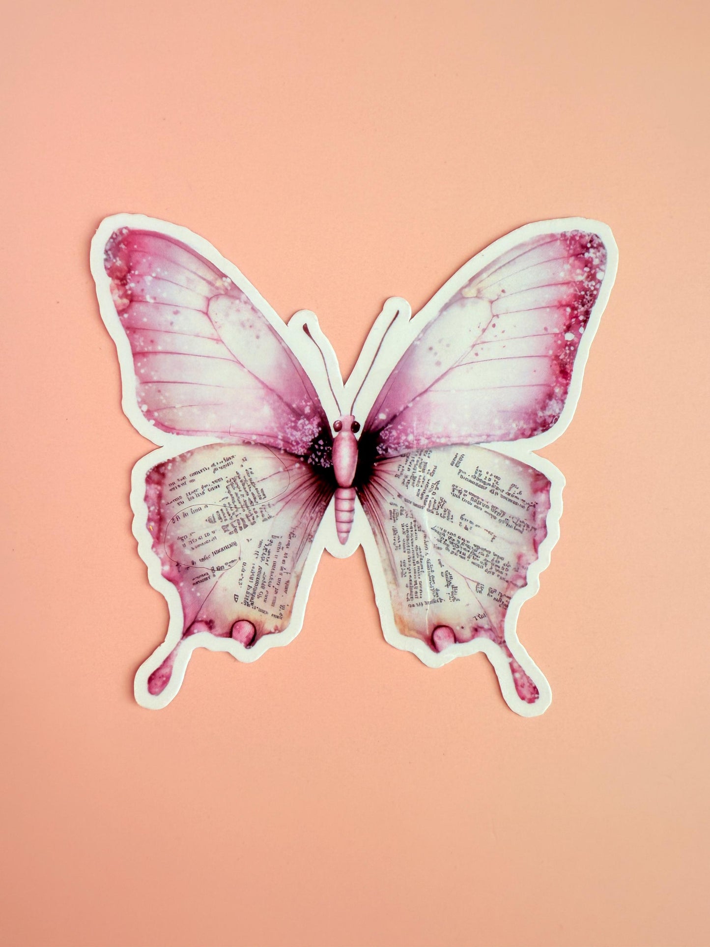Pink Butterfly Sticker – Vintage Text Butterfly Vinyl Sticker for Journals, Kindles & Water Bottles | Bookish Aesthetic Decal |bookclub gift - The Sticker Era