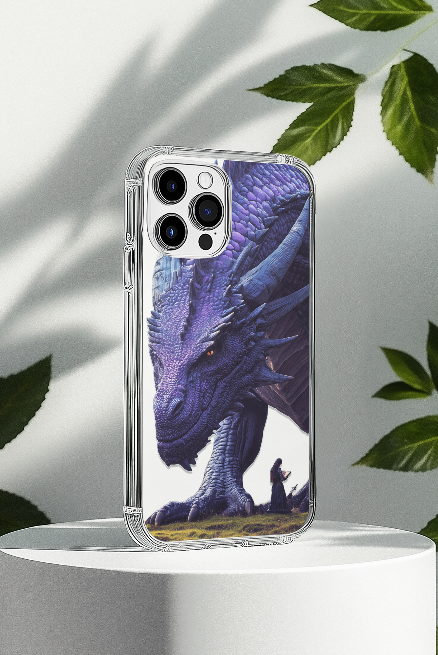 Close-up of purple dragon and reader phone insert design - dreamy fantasy book lover art