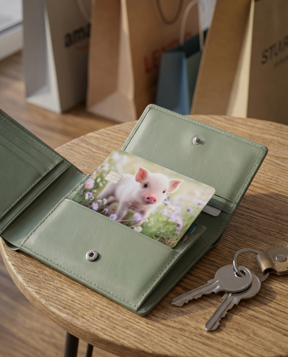 Green wallet with a debit card featuring a piglet on a wooden surface with keys.