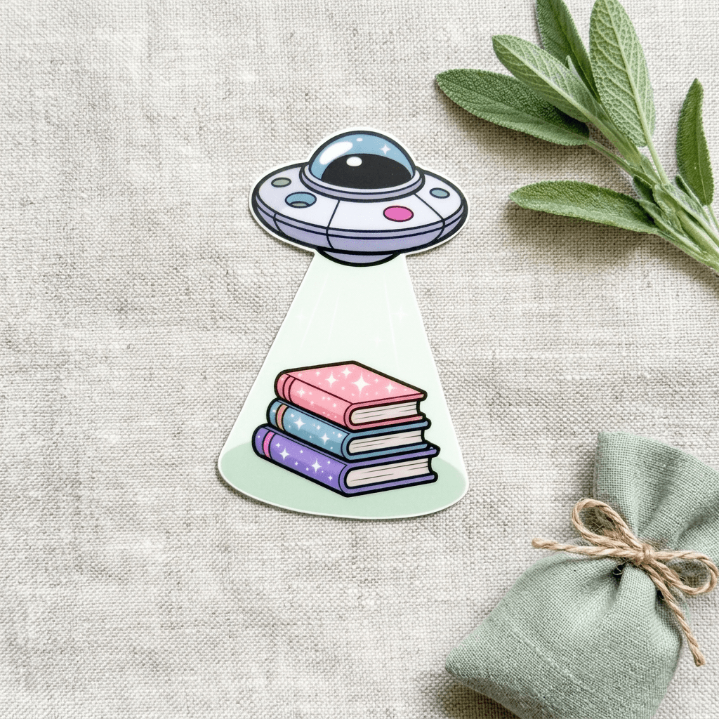 UFO Book Abduction Sticker – Pastel Alien Bookish Decal – Sticker Era by The Sticker Era