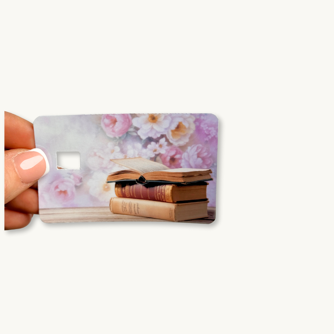 Dark academia aesthetic card cover, vintage book stack design for readers
