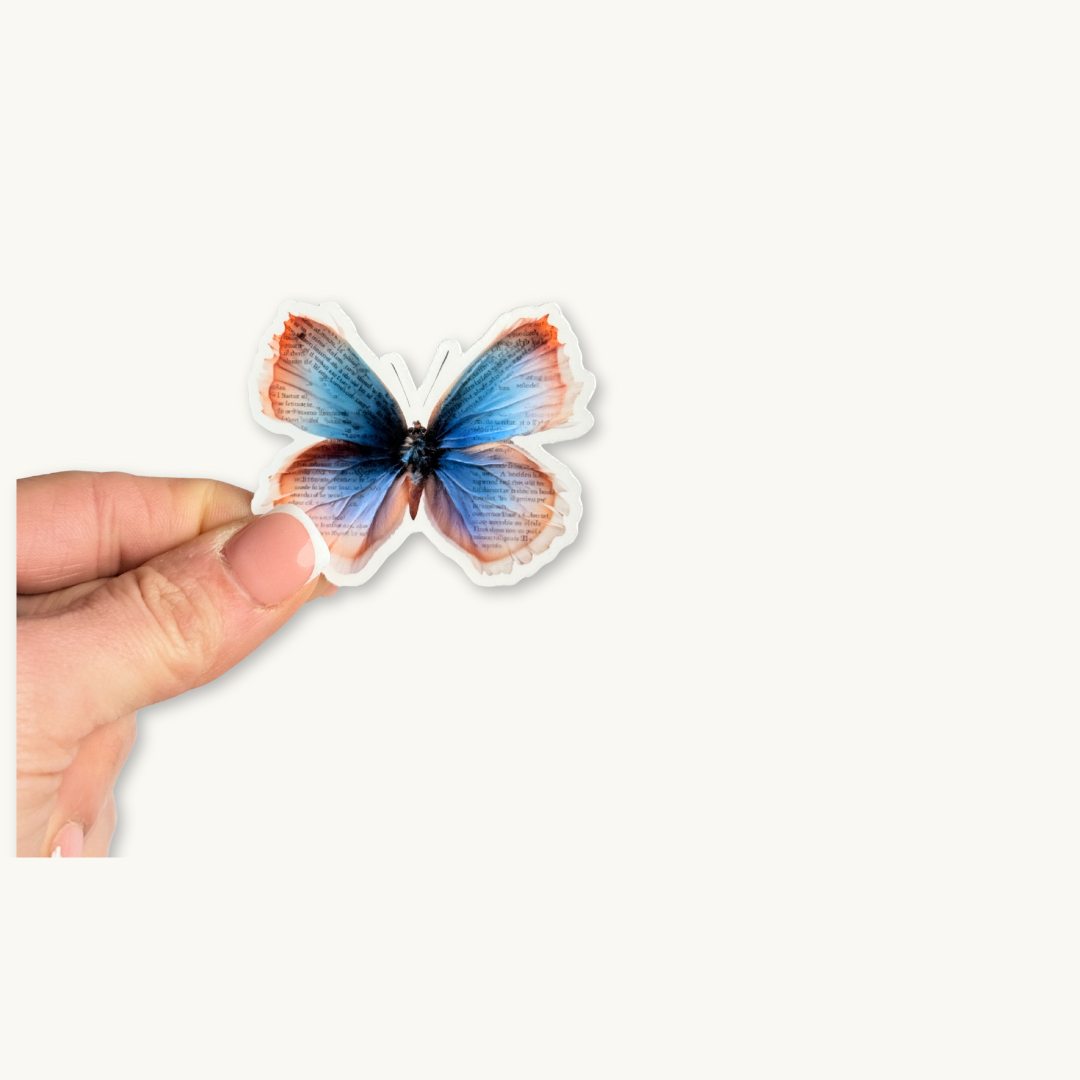 Dark academia aesthetic butterfly sticker made of vintage book text for fantasy readers.
