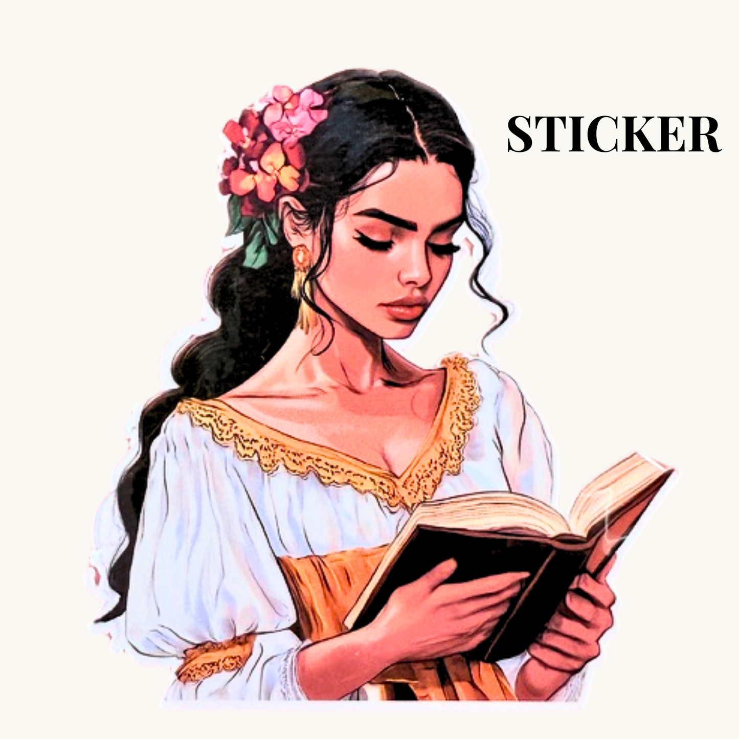 Floral Reading Woman Sticker | Bright Bookish Girl in Gold Dress Vinyl Decal