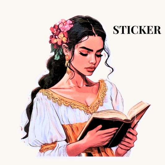 Floral Reading Woman Sticker | Bright Bookish Girl in Gold Dress Vinyl Decal