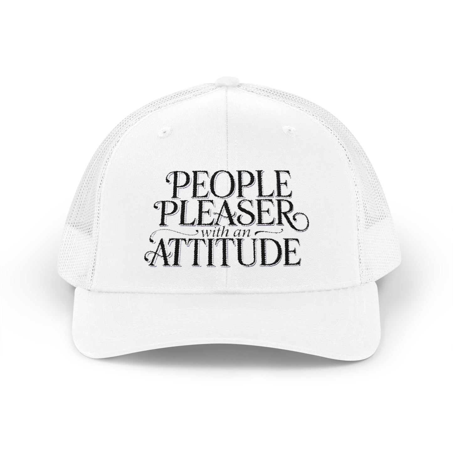 Trucker cap with 'People Pleaser With An Attitude' text, black and white mesh snapback hat."
