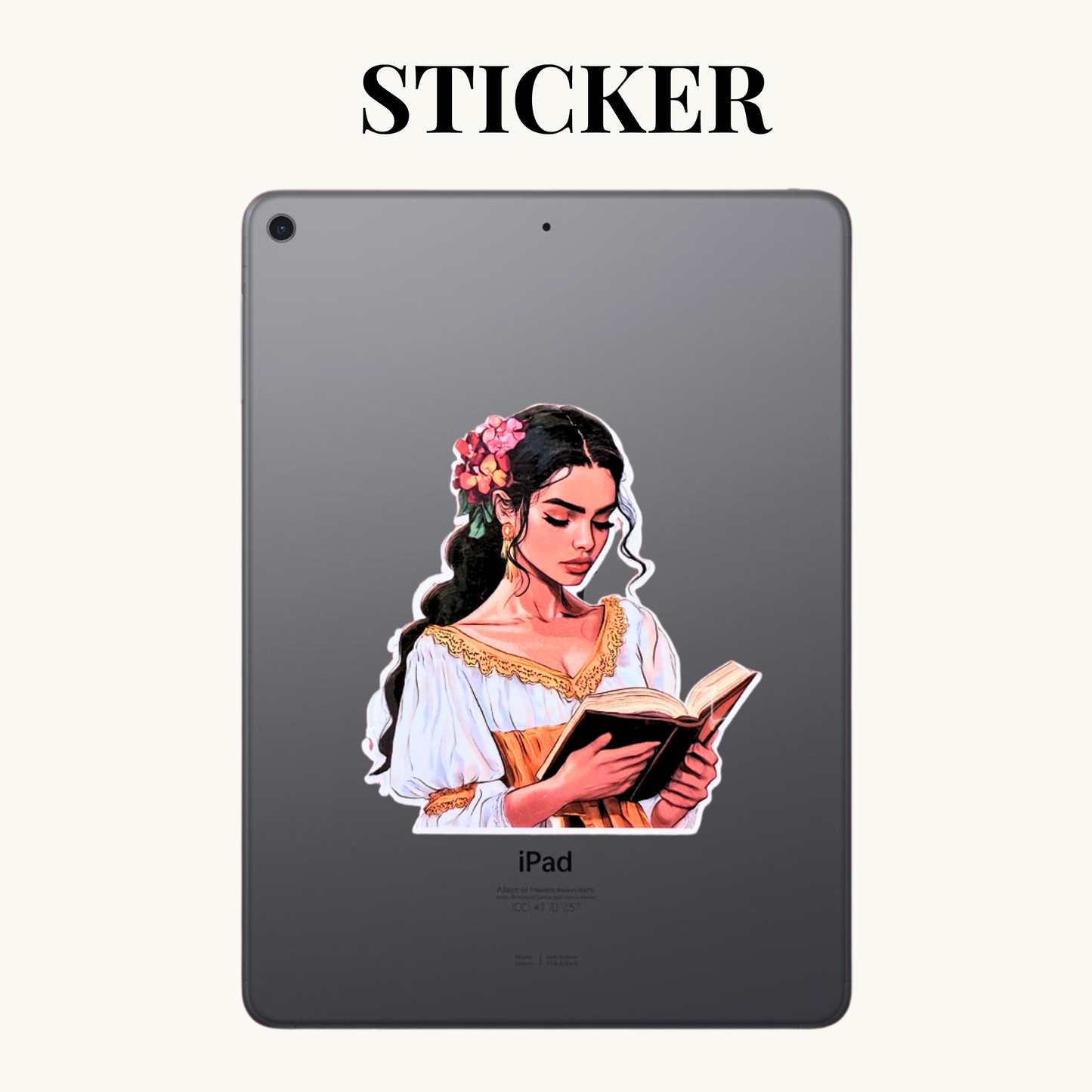 Floral Reading Woman Sticker | Bright Bookish Girl in Gold Dress Vinyl Decal