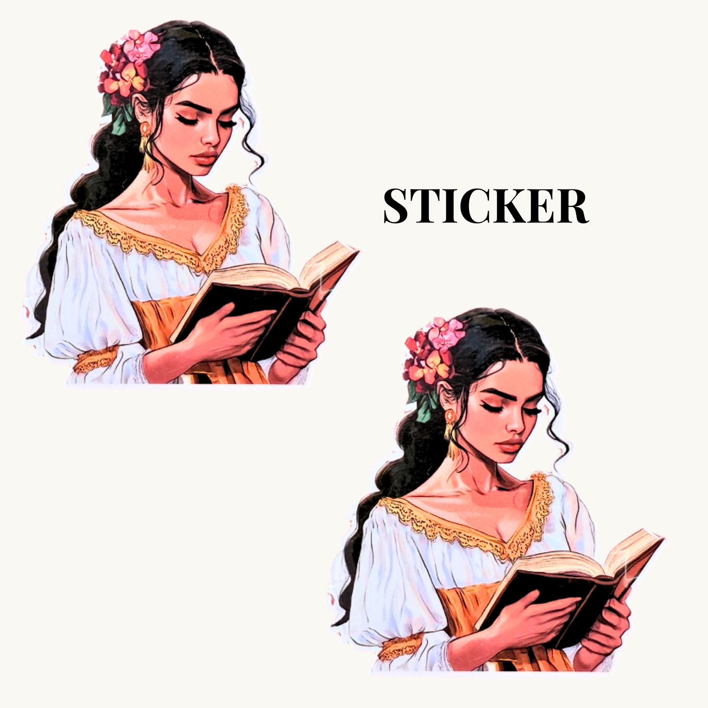 Floral Reading Woman Sticker | Bright Bookish Girl in Gold Dress Vinyl Decal