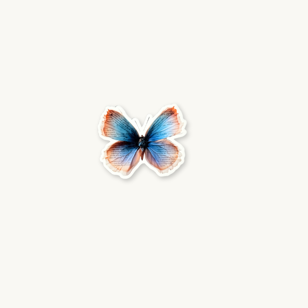 Blue and peach butterfly sticker with vintage book page wings, literary vinyl decal.