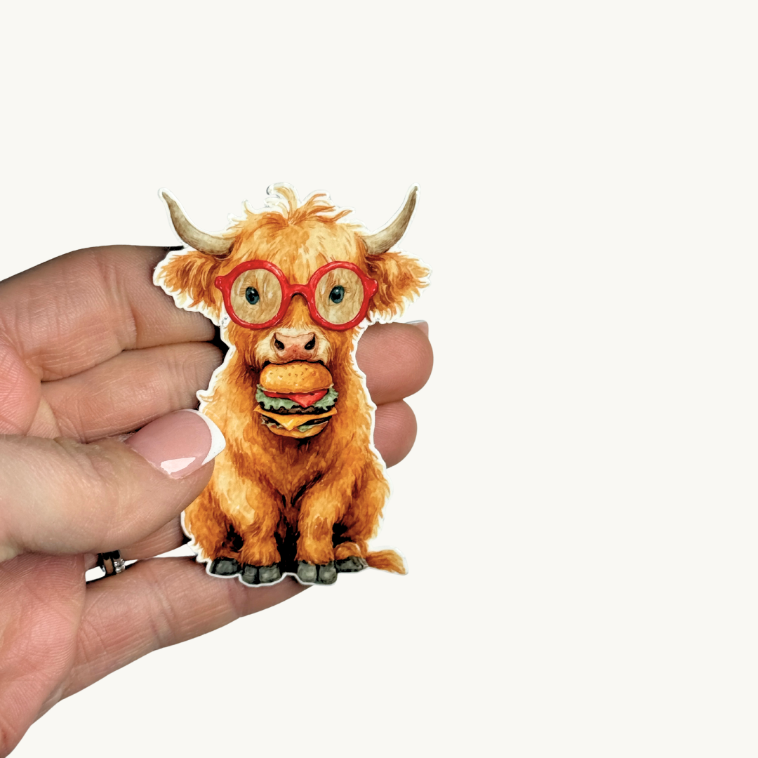 Highland Cow with Glasses Sticker | Funny Bookish Farm Animal Vinyl Decal