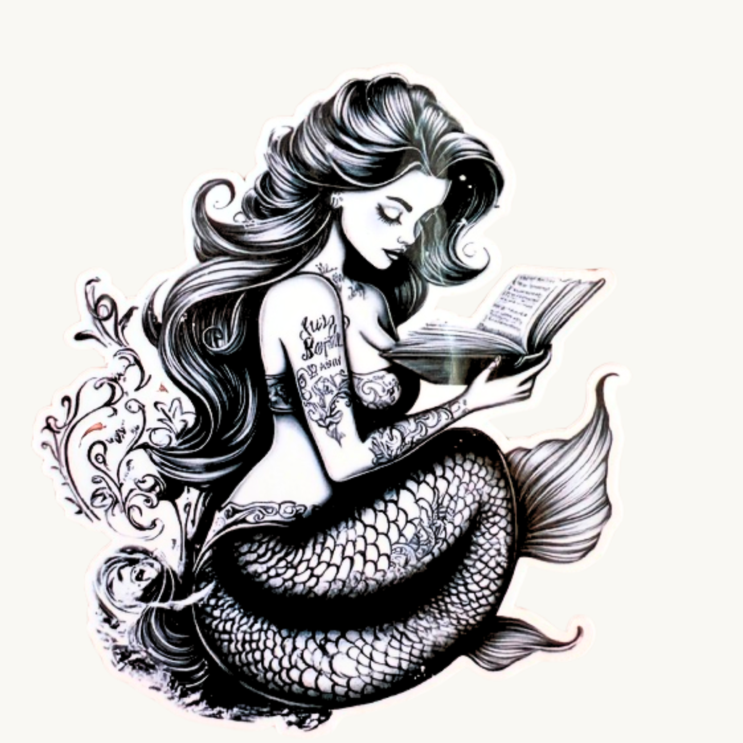 Retro Tattooed Mermaid Reading Sticker | Fantasy Bookish Vinyl Decal