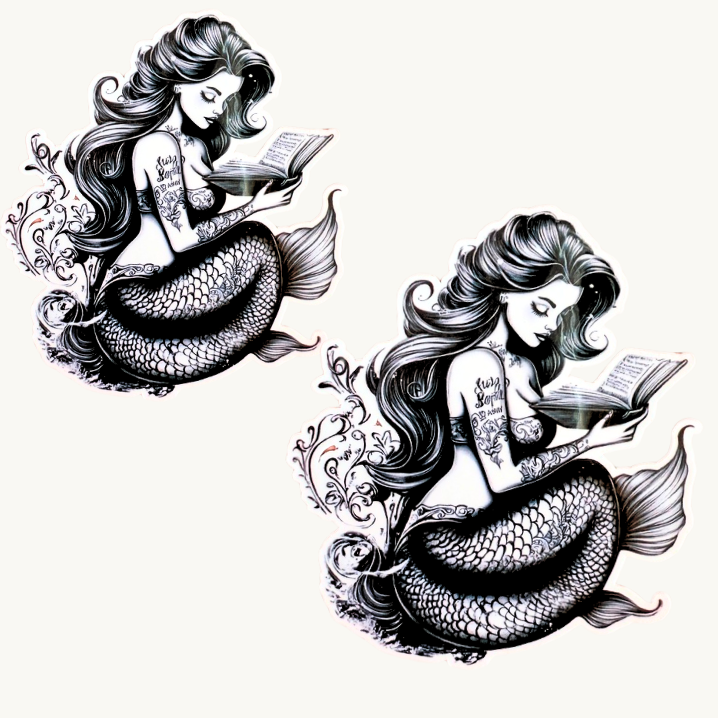 Retro Tattooed Mermaid Reading Sticker | Fantasy Bookish Vinyl Decal