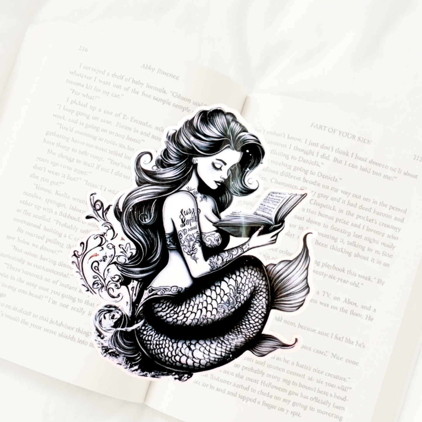 Retro Tattooed Mermaid Reading Sticker | Fantasy Bookish Vinyl Decal