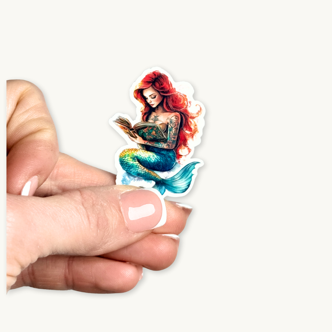Bookish Tattooed Mermaid Sticker | Fantasy Reading Siren Vinyl Decal