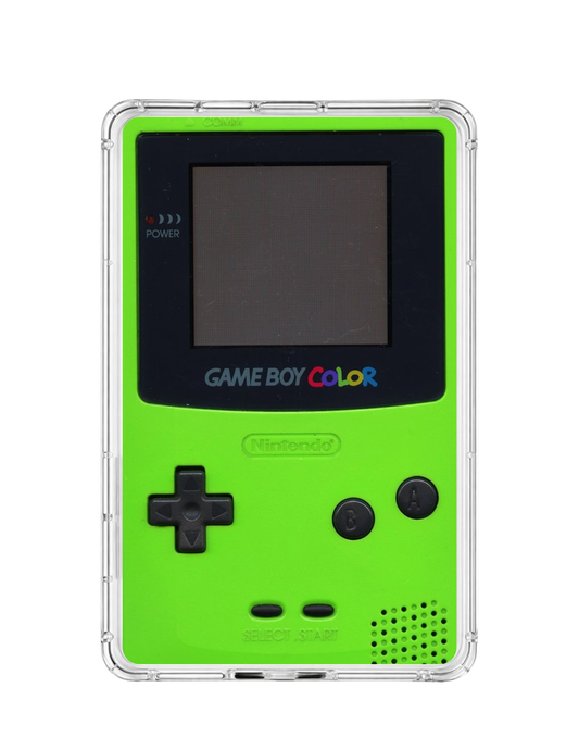 Retro handheld inspired Kindle insert with bright green 90s gamer aesthetic inside clear case
