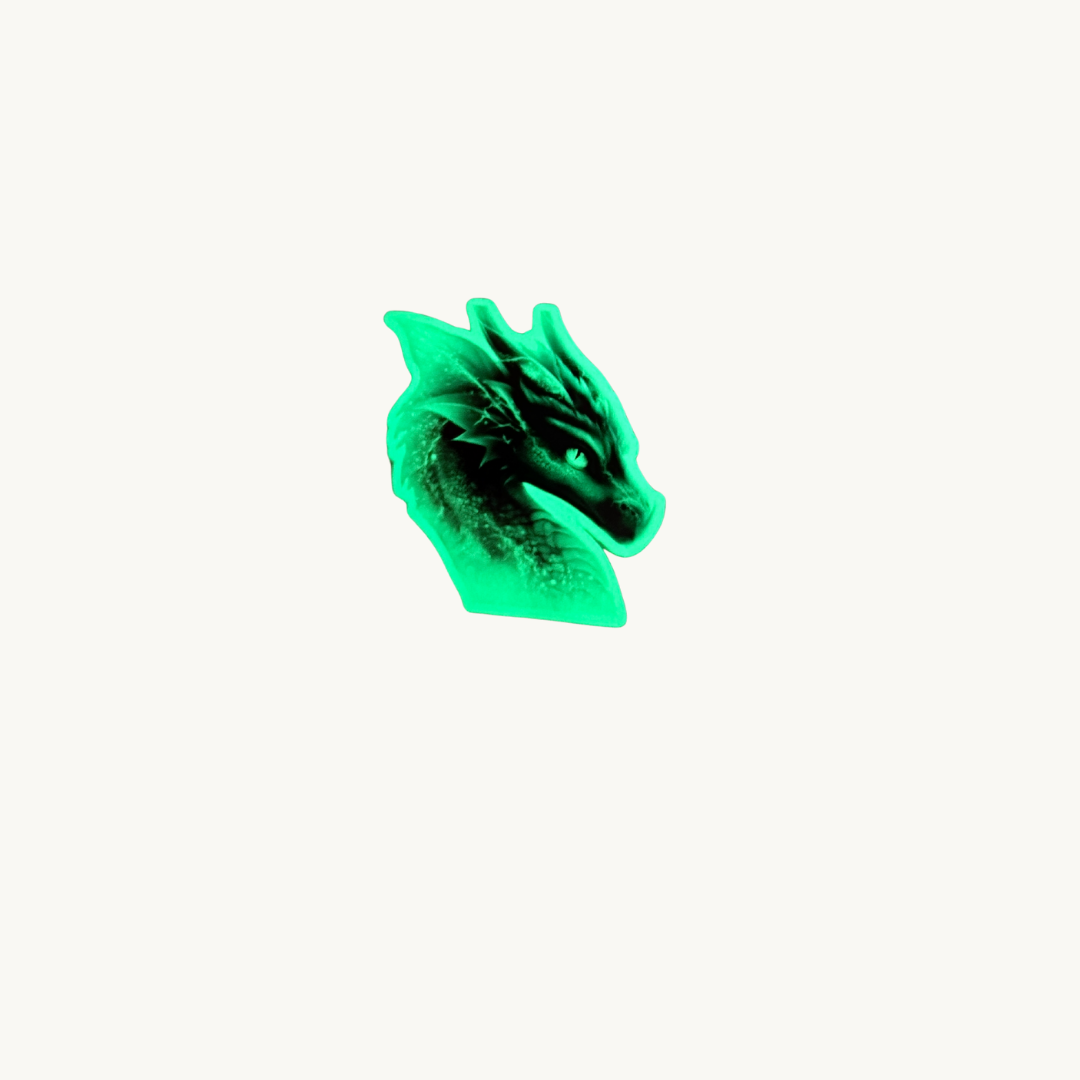 Luminous green vinyl stickers featuring three flying dragon designs that glow in the dark.
