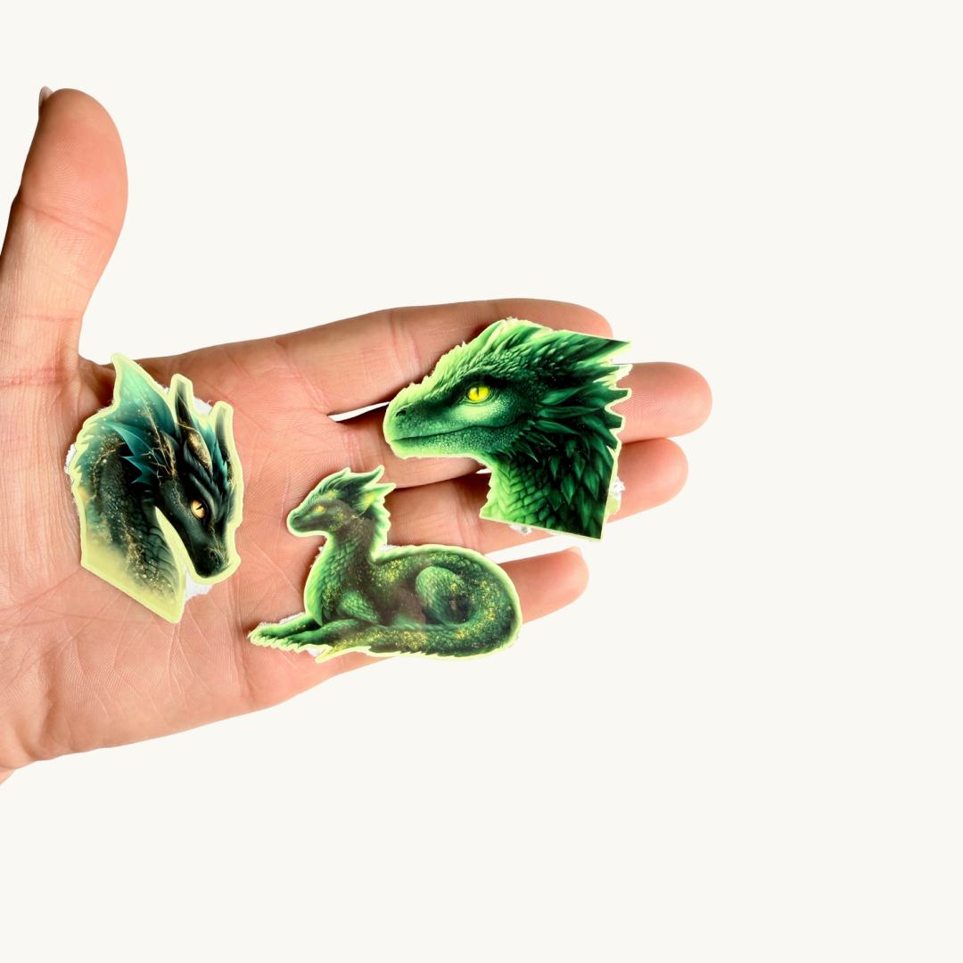 Glow in the dark fantasy aesthetic stickers, neon dragon trio for gamers and readers.
