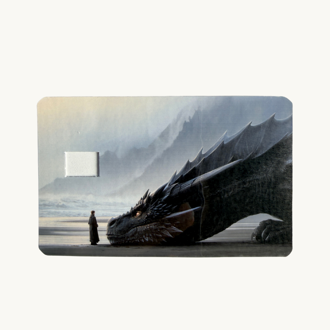The Literal One: "Giant black dragon and rider debit card skin sticker, epic fantasy art decal for credit cards.