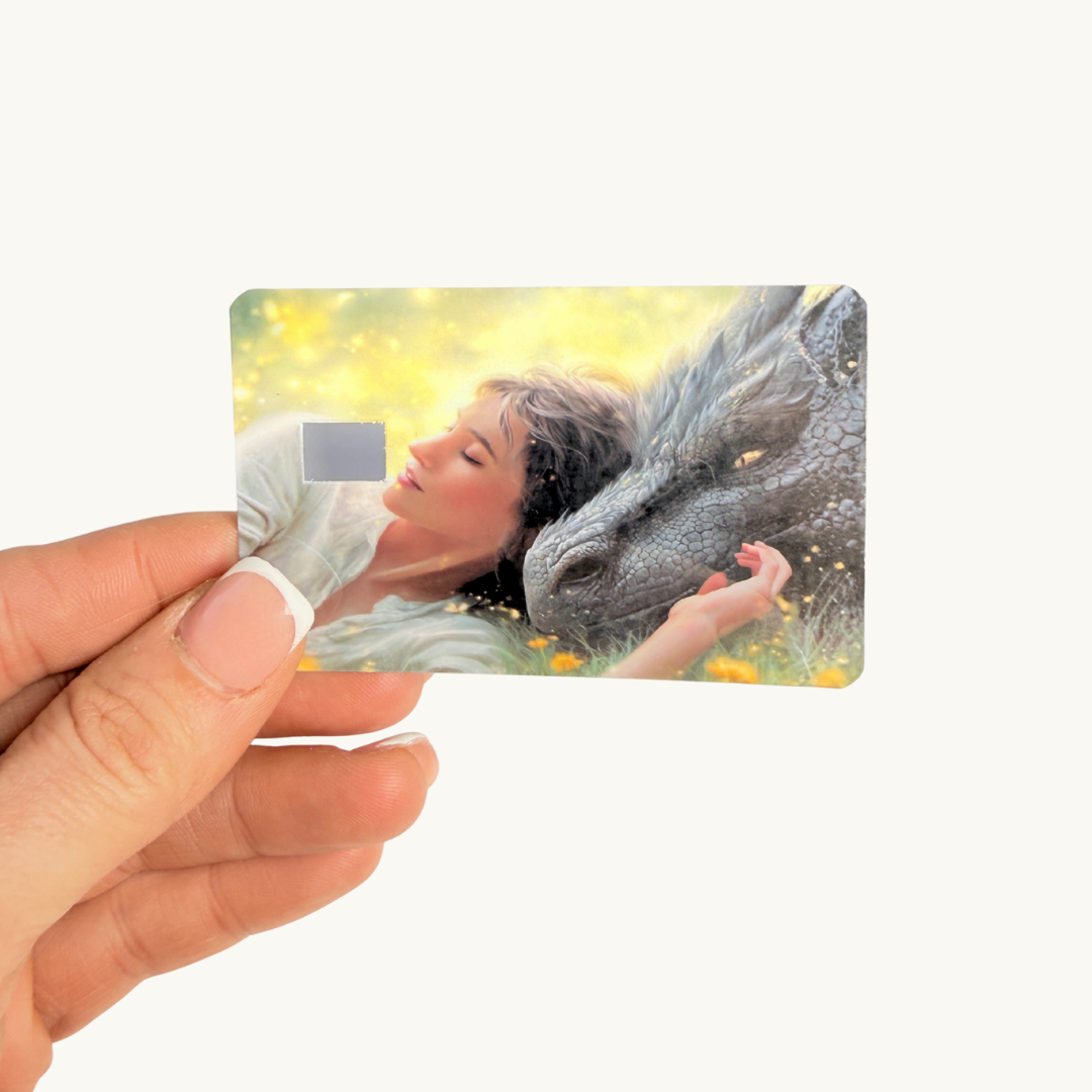 Cozy romantasy aesthetic card cover, protective dragon and sleeping girl design for book lovers."
