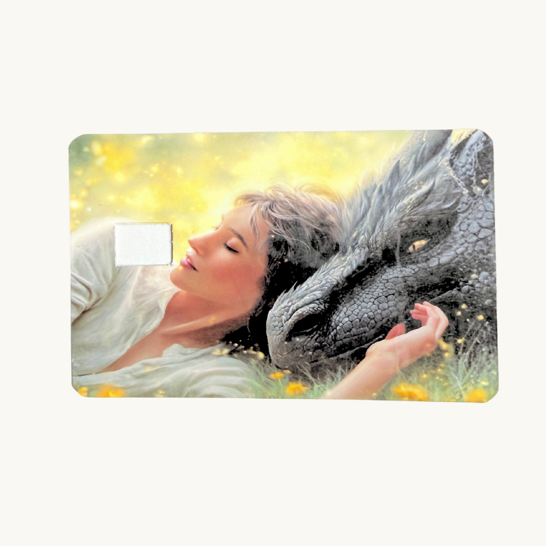 The Literal One: "Magical dragon and sleeping girl debit card skin sticker, fantasy art decal for credit cards."
