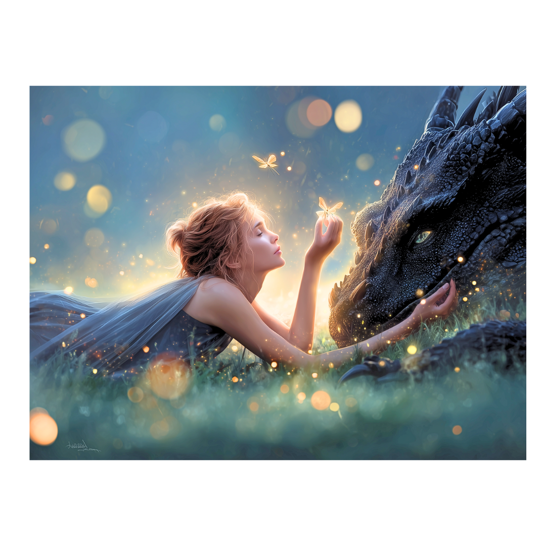 Girl reaching dragon glowing butterfly fantasy vinyl sticker by The Sticker Era