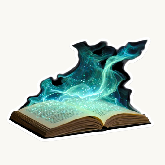 Mystical green fire spellbook sticker, open grimoire vinyl decal with magic flames.
