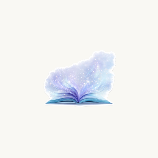 Magic galaxy book sticker, blue open book with stars vinyl decal for readers.
