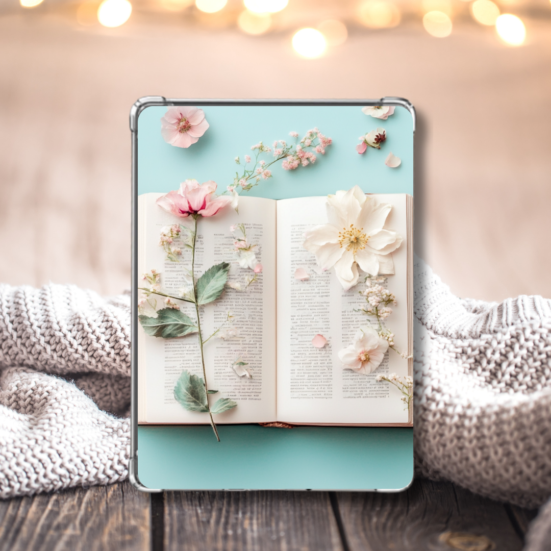 Matching book and flower inserts detail - coordinated reader aesthetic design
