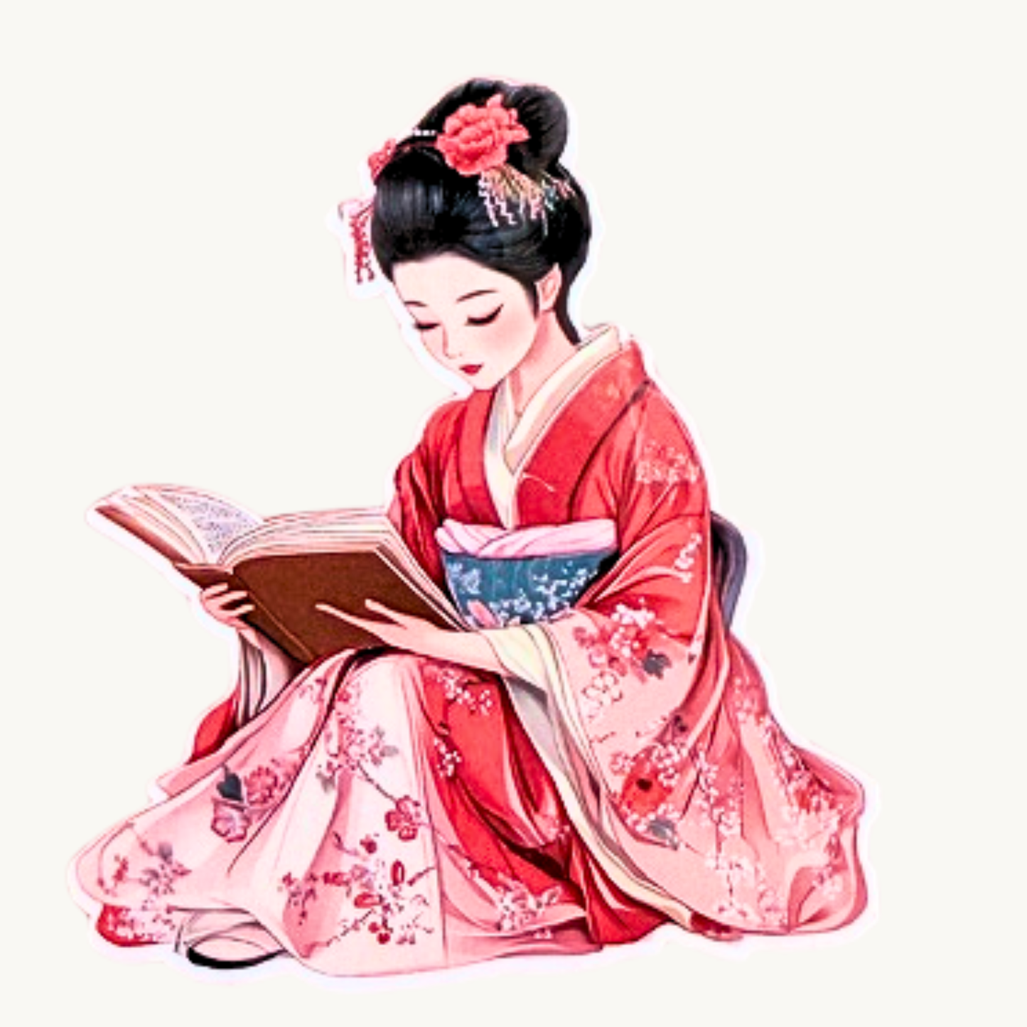 Reading Woman in Kimono Sticker | Floral Bookish Vinyl Decal