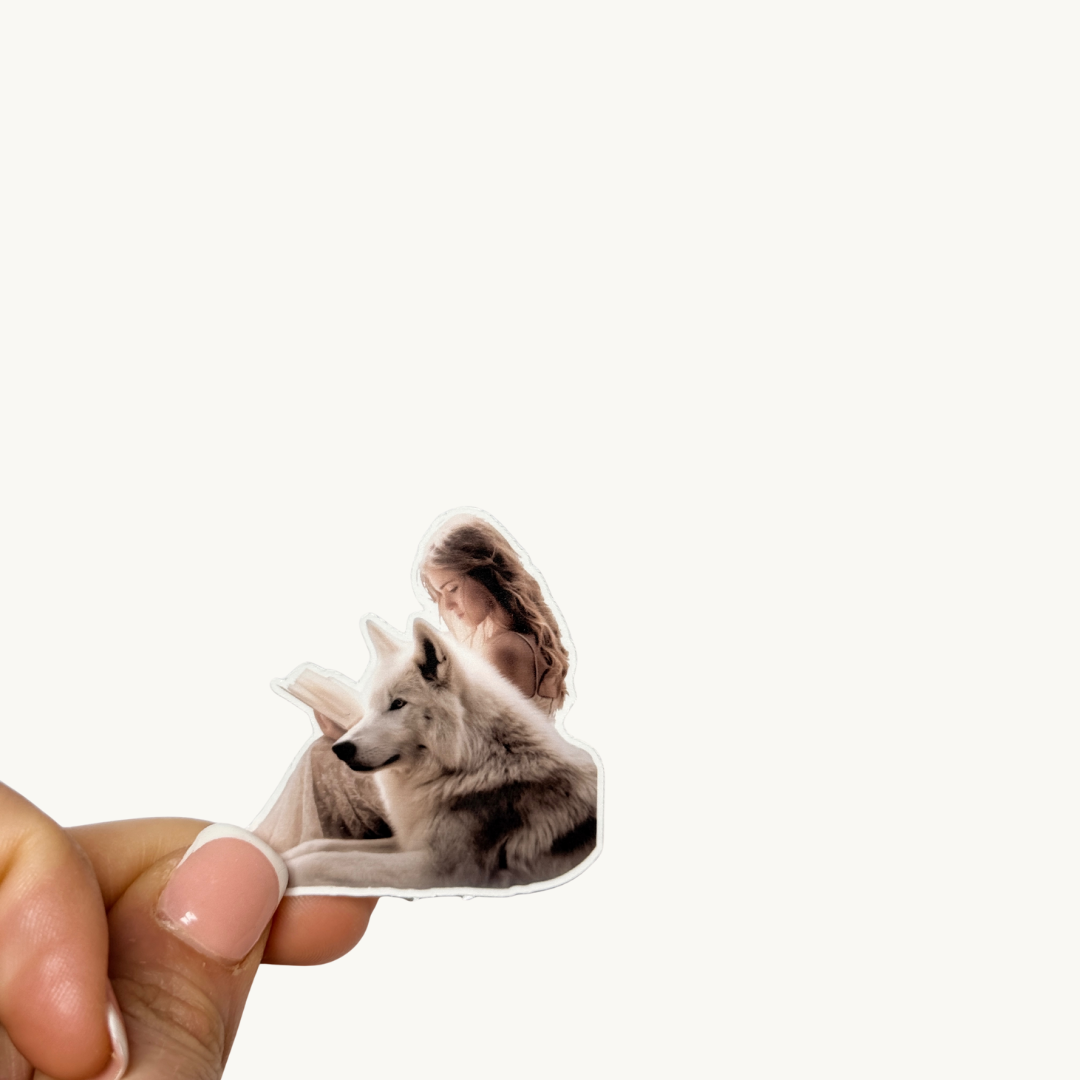 Cozy fantasy aesthetic sticker, magical white wolf companion and reader decal.
