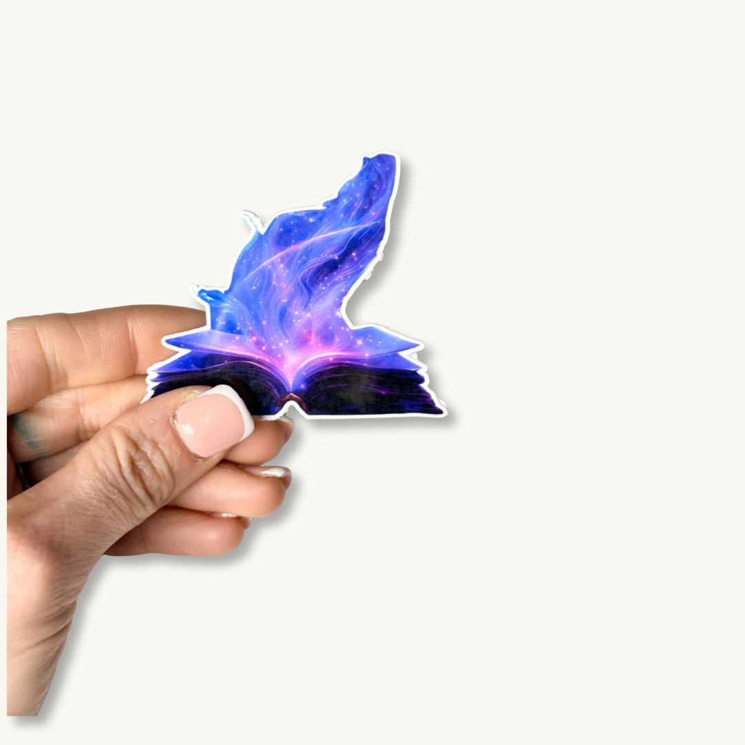High contrast purple and blue magic flame sticker on durable vinyl material.