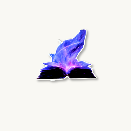 Open spellbook sticker with purple galaxy flames, magic book vinyl decal.
