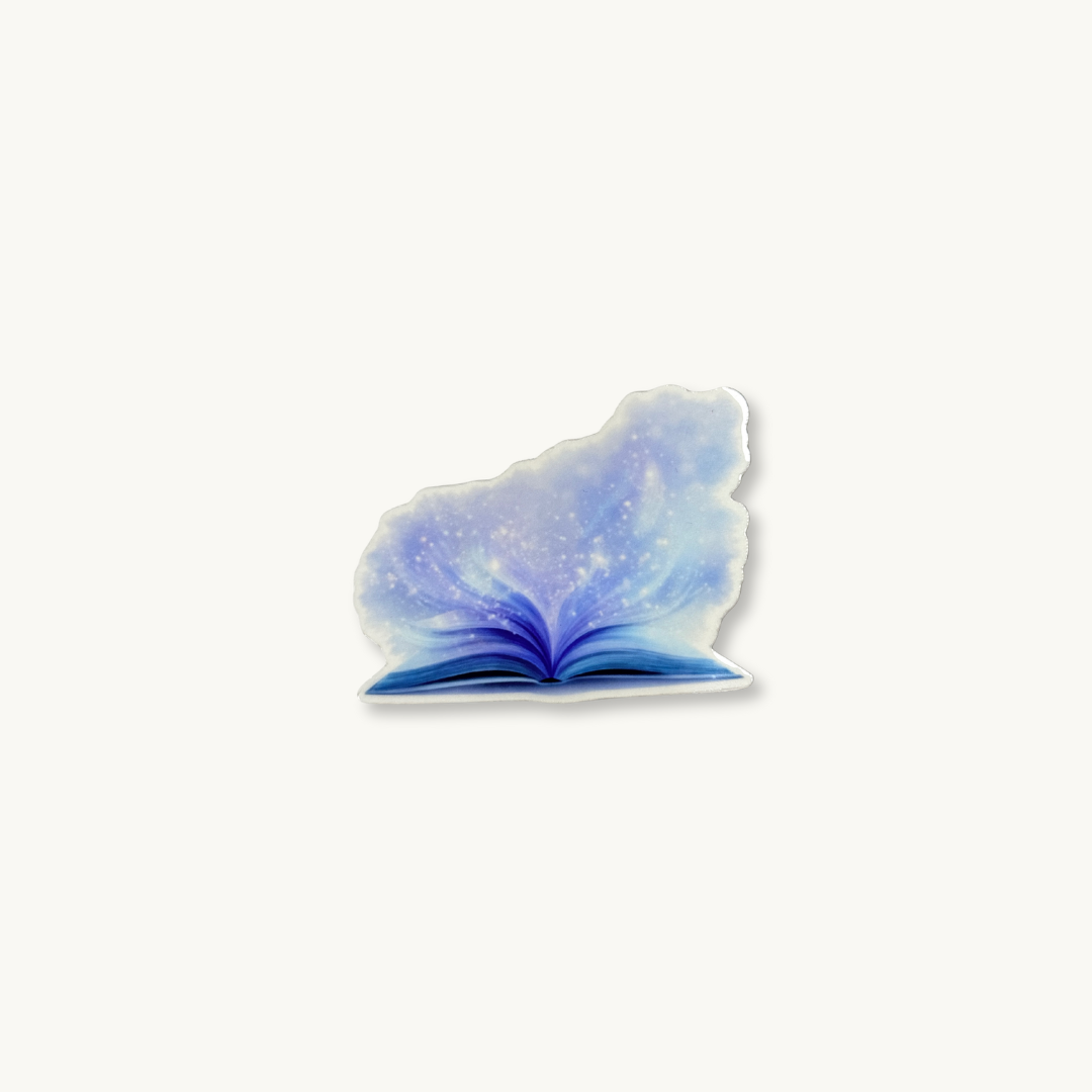 Dreamy fantasy aesthetic sticker, open book with swirling galaxy magic for Kindle decor."