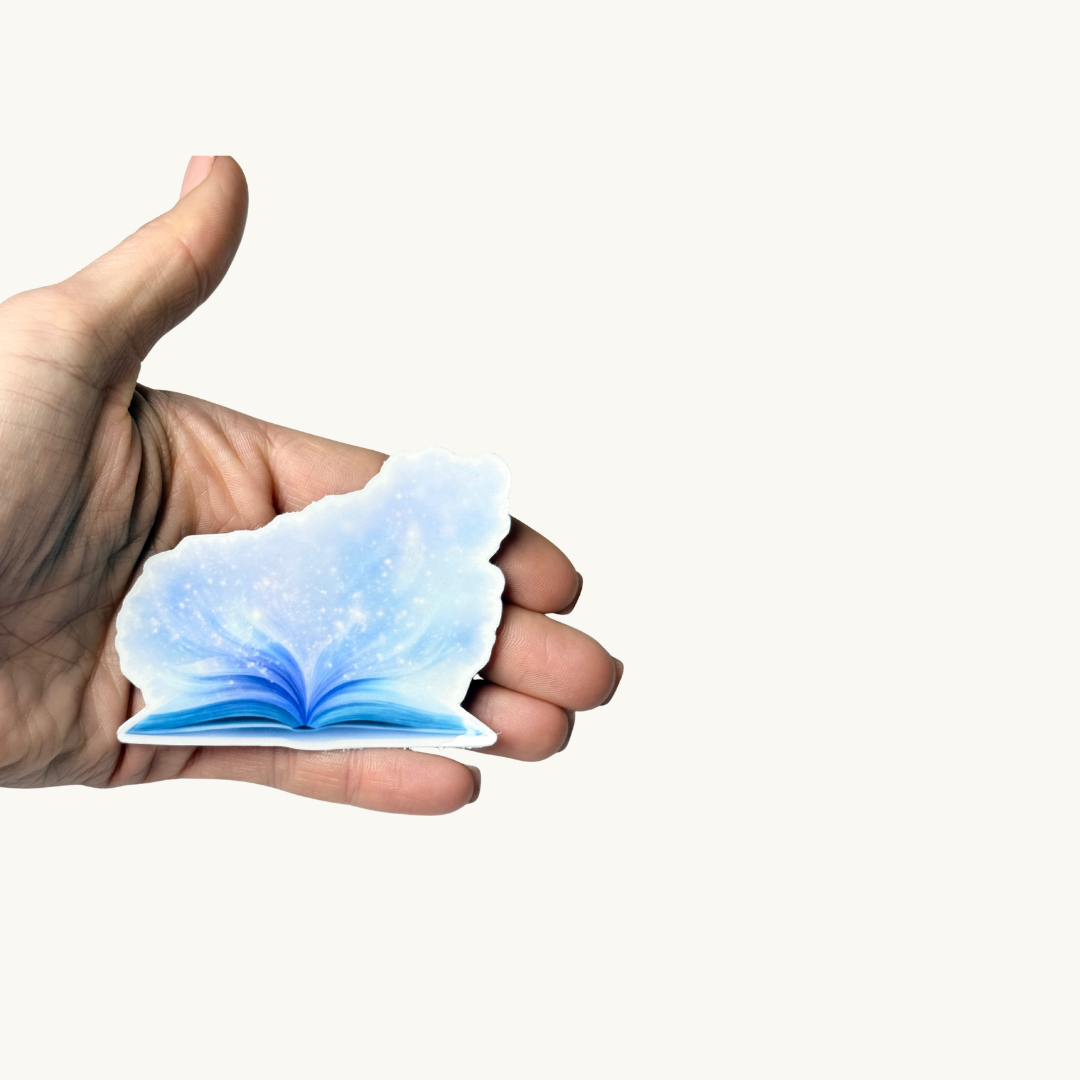 Gift for space fantasy lovers and readers, magical blue book sticker for laptop."