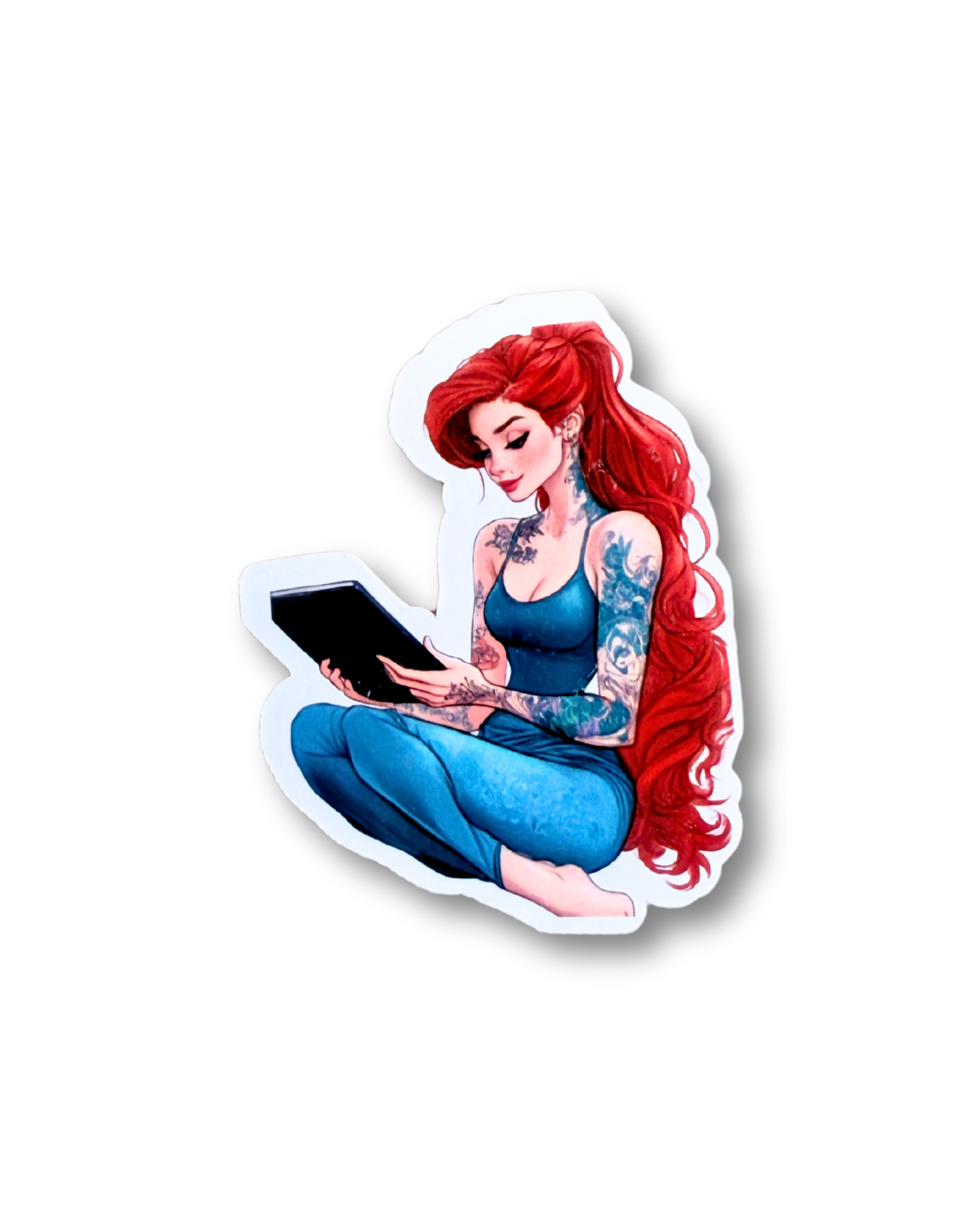 Tattooed mermaid princess reading sticker fantasy vinyl decal by The Sticker Era
