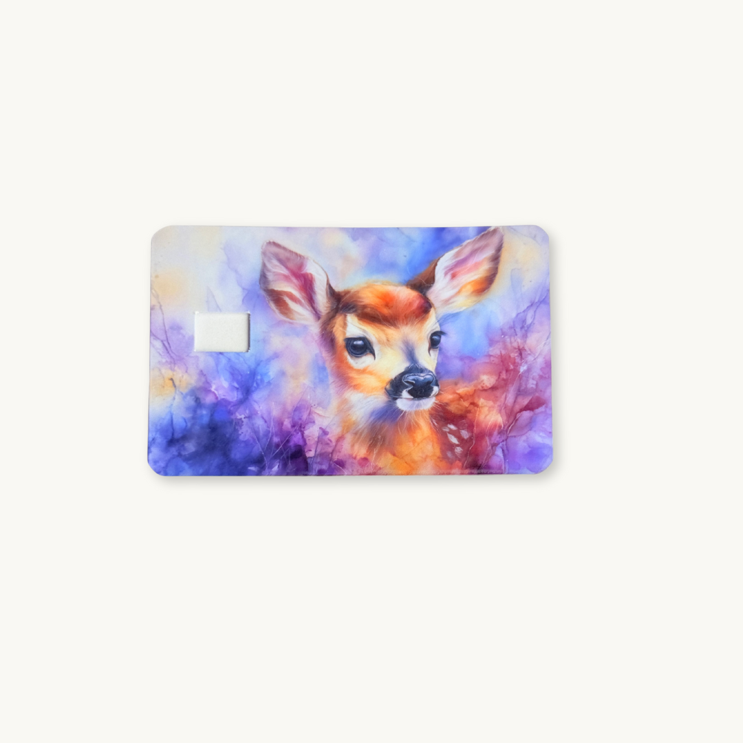 Watercolor baby deer debit card skin sticker, cute fawn forest animal decal for credit cards.